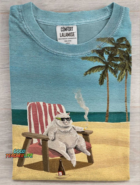 Chill Funny Vocation Smoking Cat Art Print Casual Short Sleeve T-shirt
