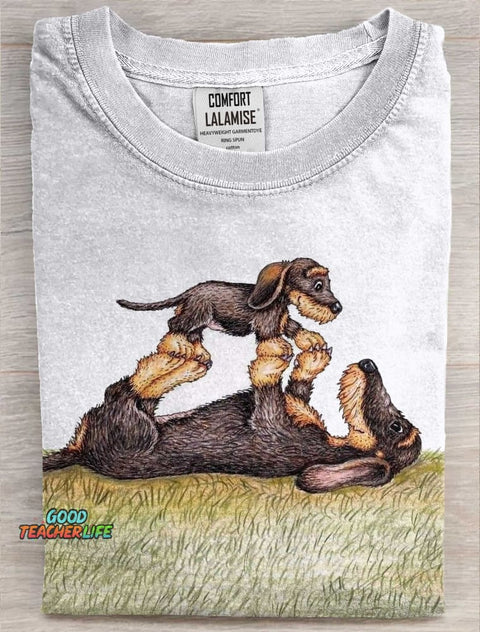 Mom With Kid Dachshund Dog Lover Art Print Casual Short Sleeve T-shirt