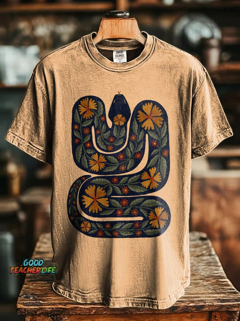 Retro Snake Art Print Casual Short Sleeve T-shirt