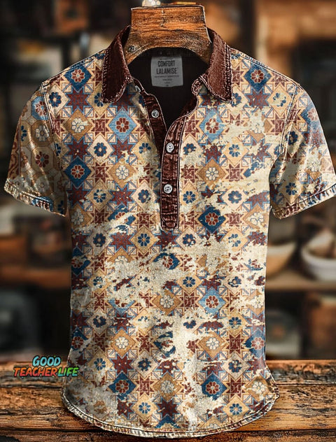 Retro Ethnic Print Casaul Short SLeeve Polo Shirt