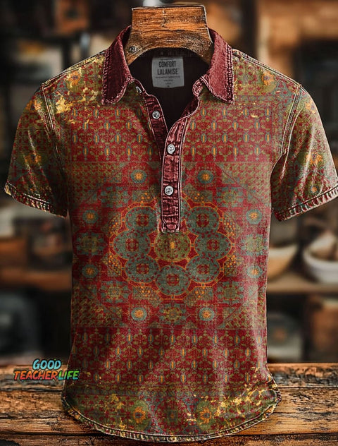 Retro Ethnic Print Casaul Short SLeeve Polo Shirt