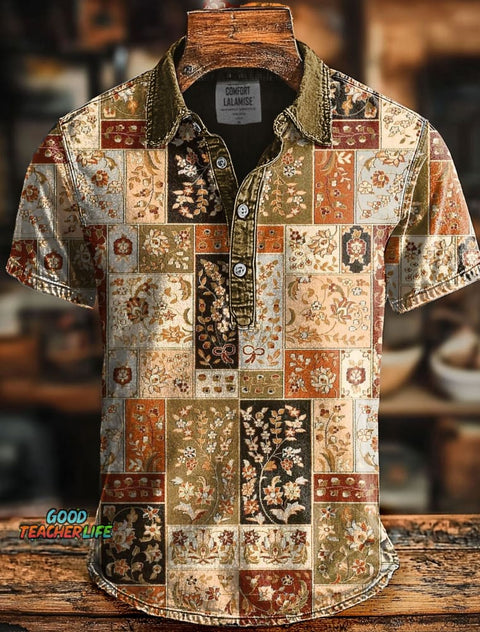 Retro Patchwork Print Casaul Short SLeeve Polo Shirt