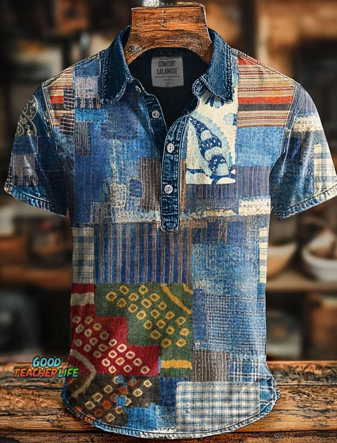 Retro Blue Patchwork Print Casaul Short SLeeve Polo Shirt