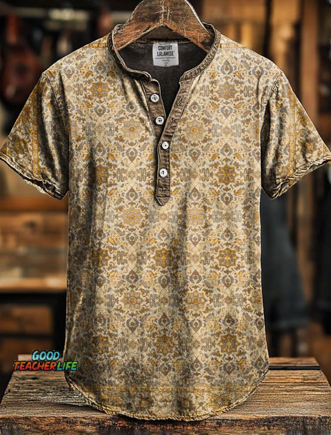 Retro Ethnic Art Print Henley Short Sleeve Shirt