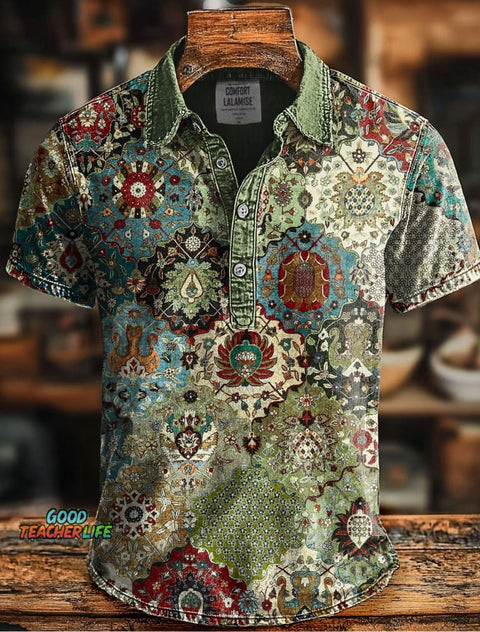Retro Ethnic Print Casaul Short SLeeve Polo Shirt