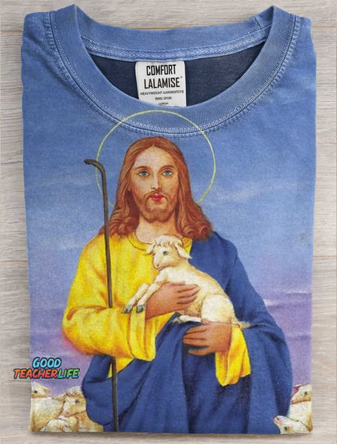Jesus Holding a Lamb Art Print Casual Short Sleeve T-shirt