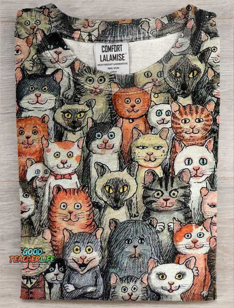 Cute Cats Famliy Art Print Casual Short Sleeve T-shirt