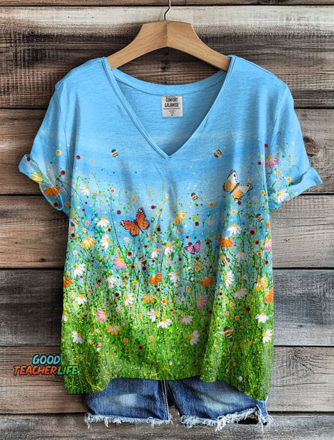Dancing On A Summer Breeze Floral Art Print V-neck T-shirt