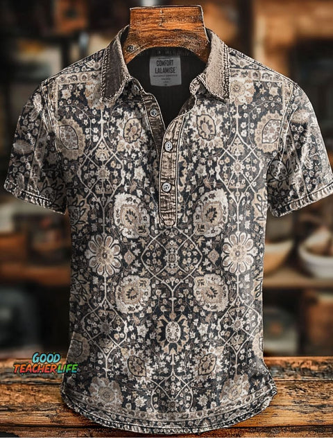 Retro Ethnic Print Casaul Short SLeeve Polo Shirt
