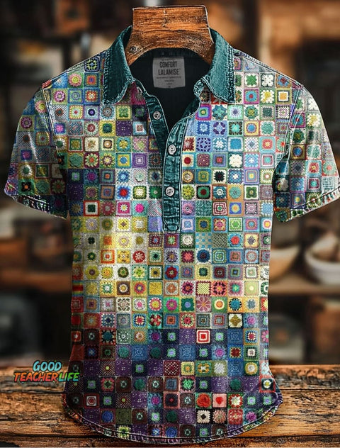 Patchwork Art Print Casaul Short SLeeve Polo Shirt