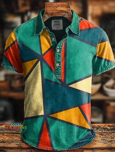Retro Geometric Print Casaul Short SLeeve Polo Shirt