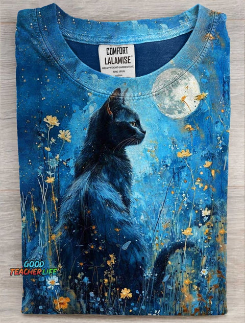 Black Cat In The Moonlight Art Print Casual Short Sleeve T-shirt