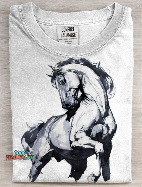 Horse Drawing Art Print Casual Short Sleeve T-shirt