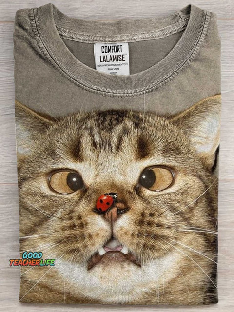 Funny Cat With Ladybug Art Print Casual Short Sleeve T-shirt