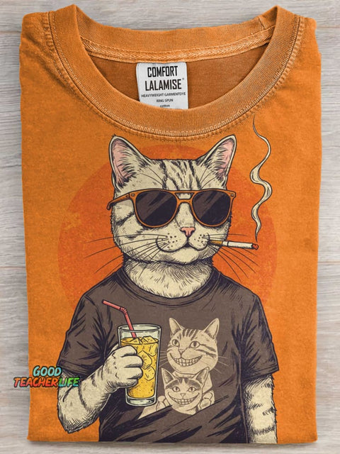 Retro Smoking Cat Art Print Casual Short Sleeve T-shirt