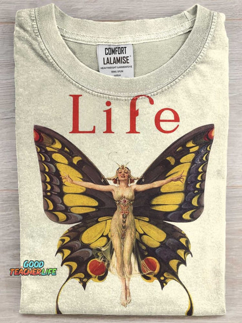 Retro Butterfly Life Art Print Casual Short Sleeve T-shirt