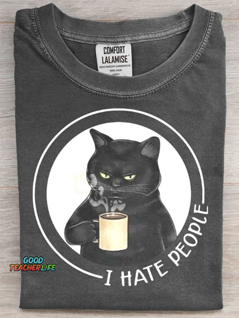 I Hate People Funny Cat Art Print Casual Short Sleeve T-shirt