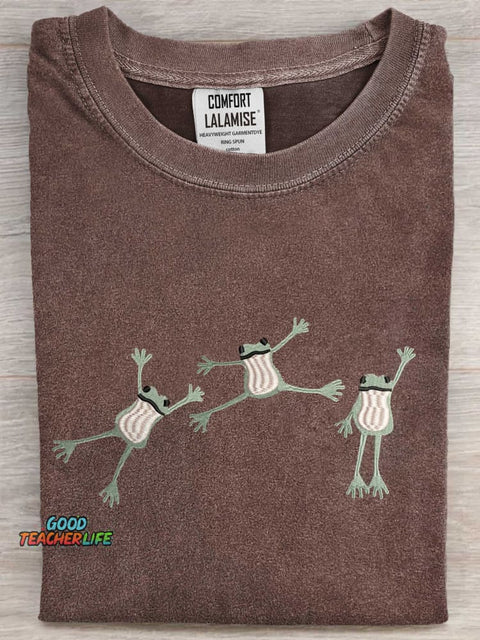Embroidered Frog Art Print Casual Short Sleeve T-shirt