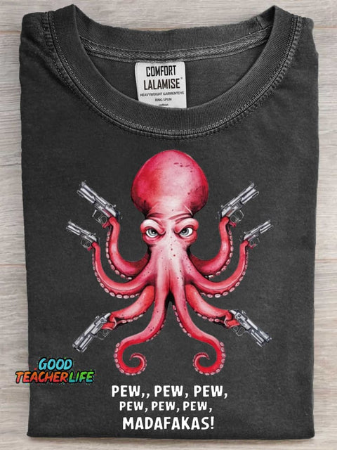 Badass Octopus Gunslinger Art Print Casual Short Sleeve T-shirt
