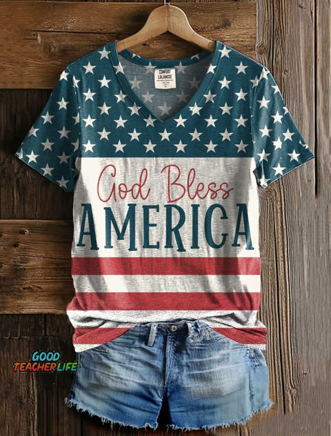 God Bless America Art Print V-neck Casual T-Shirt