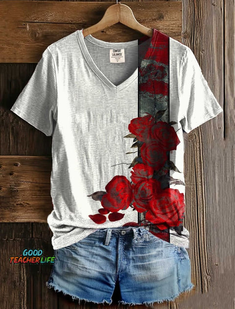 Flower Art Print V-neck Casual T-Shirt