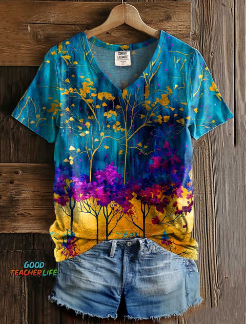 Flower Art Print V-neck Casual T-Shirt