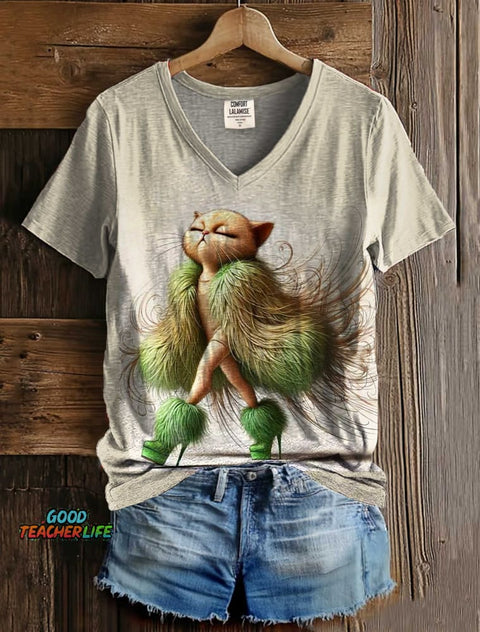 Fashion Cat Lady Art Print V-neck Casual T-Shirt