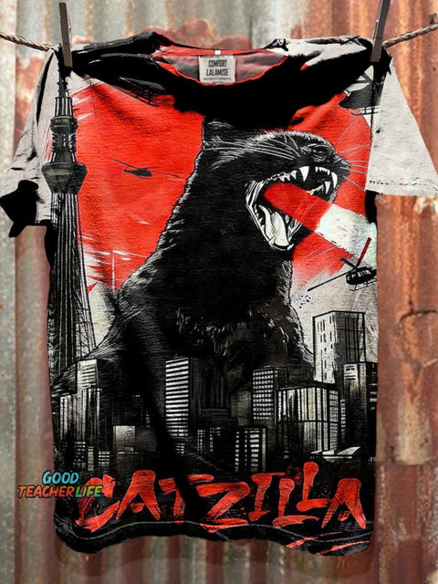 Catzilla Art Print Casaul Short Sleeve T-shirt