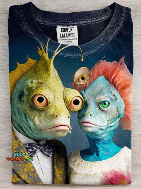 Fish Couple Art Print Casaul Short Sleeve T-shirt