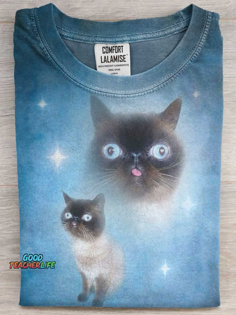 Cute Funny Cat Art Print Casaul Short Sleeve T-shirt