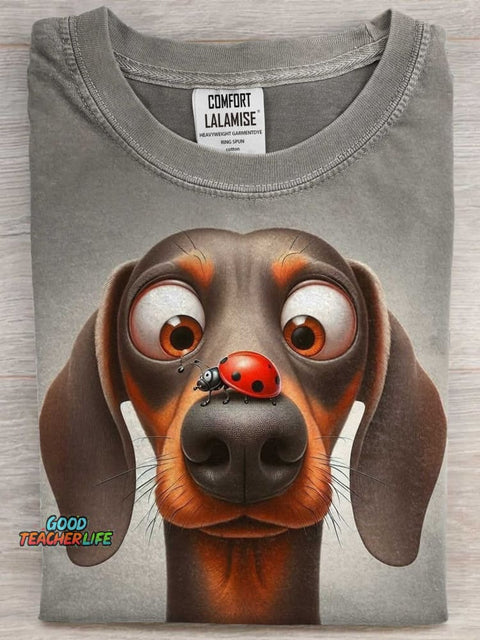 Funny Dachshund And Ladybug Art Print Casaul Short Sleeve T-shirt
