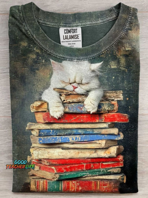 Funny Cat With Book Art Print Casaul Short Sleeve T-shirt