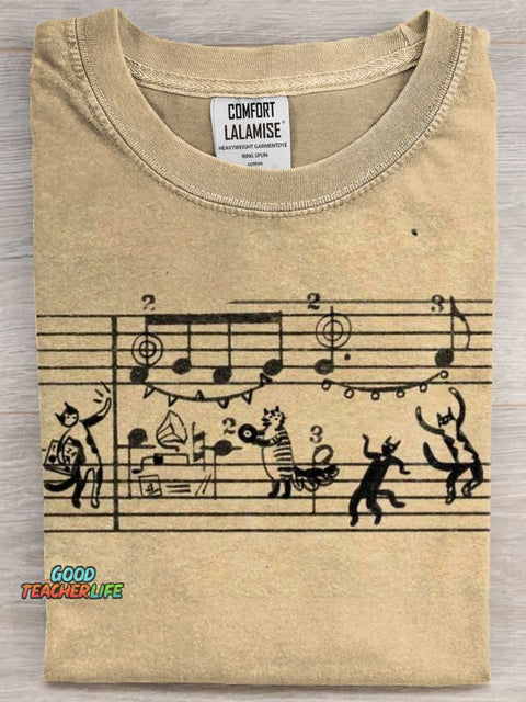 Cats In Music Note Art Print Casaul Short Sleeve T-shirt