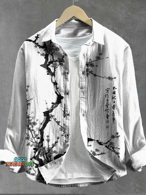 Plum blossom Watercolor Painting Art Print 100% Cotton Long Sleeve Shirt