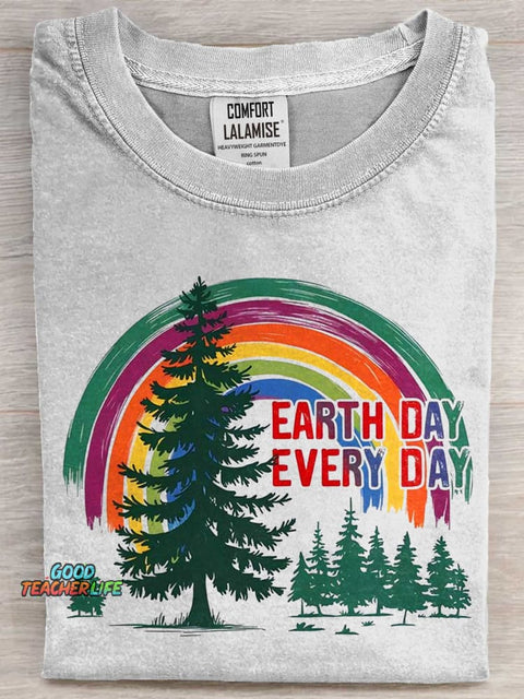 Earth Day Rainbow and Forest Art Print Casaul Short Sleeve T-shirt