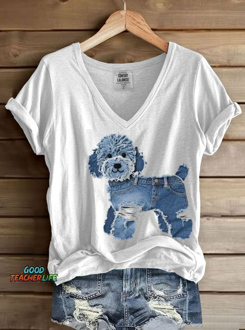 Cute Dog Denim Patchwork Art Print V-neck Casual T-Shirt