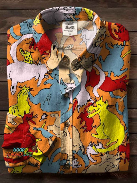 Multicolor Cat Art Print Casual Cotton Shirt
