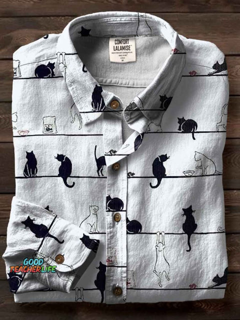 Cats Art Print Casual Cotton Shirt