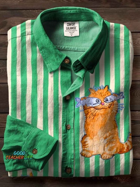Funny Cat Stripe Art Print Casual Cotton Shirt