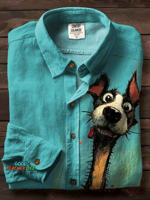 Cute Puppy Art Print Casual Cotton Shirt