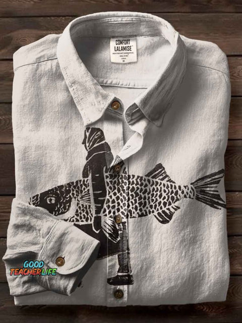 Fish Art Print Casual Cotton Shirt