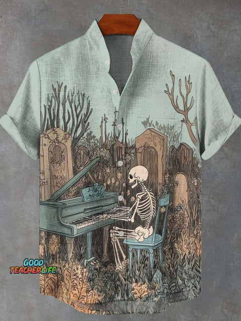 Fantasy Skull Pianist Print Casual Short Sleeve T-Shirt