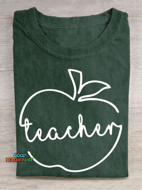 Line Apple Teacher Casual Print T-Shirt