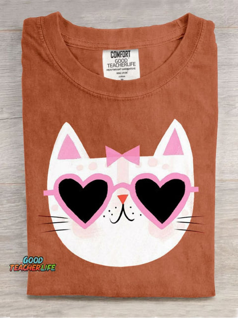 Loving Sunglasses Cat Casual Print T-Shirt