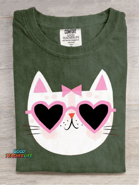 Loving Sunglasses Cat Casual Print T-Shirt