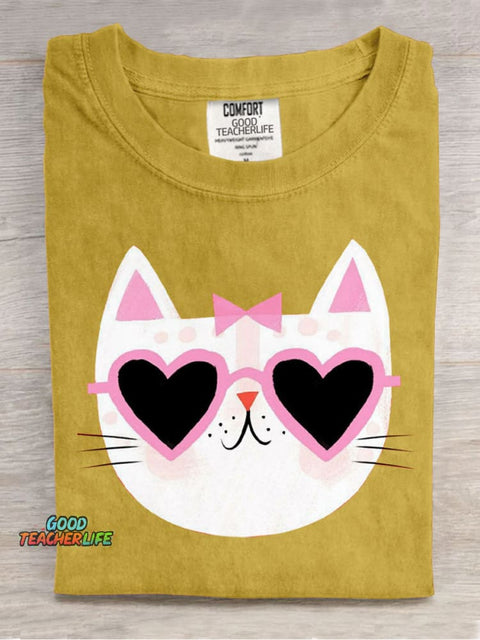 Loving Sunglasses Cat Casual Print T-Shirt