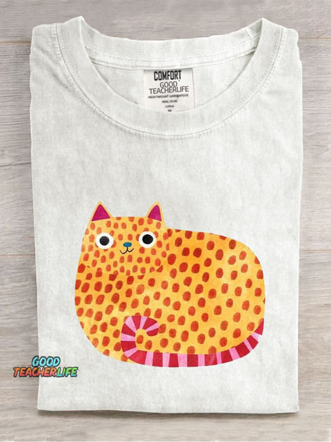 Polka Dot Cute Cat Casual Print T-Shirt