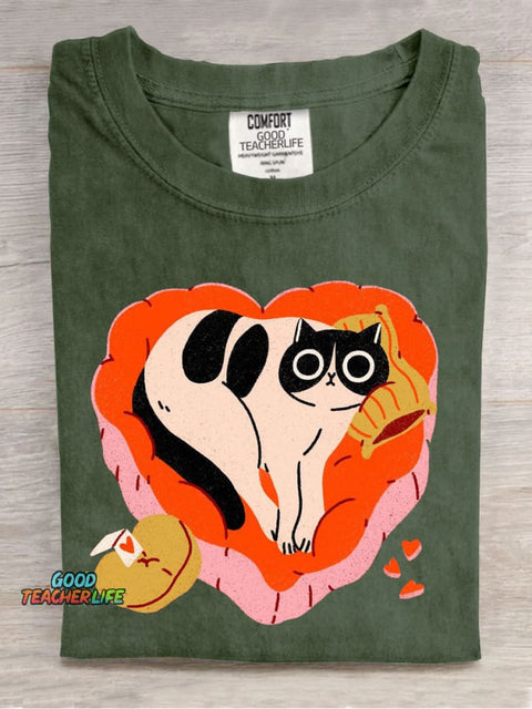 Cute Cat Art Casual Print T-Shirt