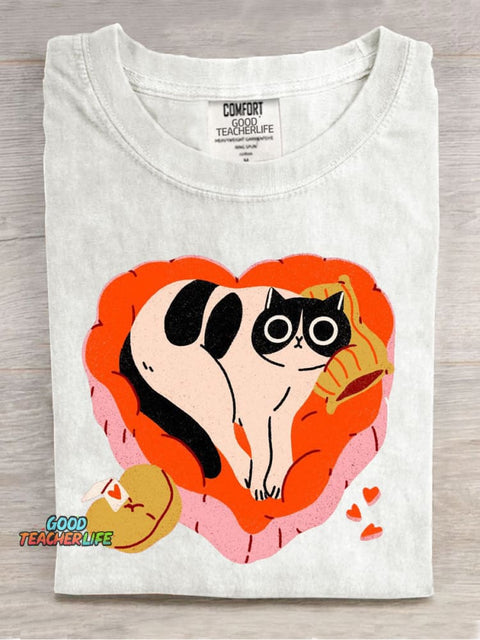 Cute Cat Art Casual Print T-Shirt