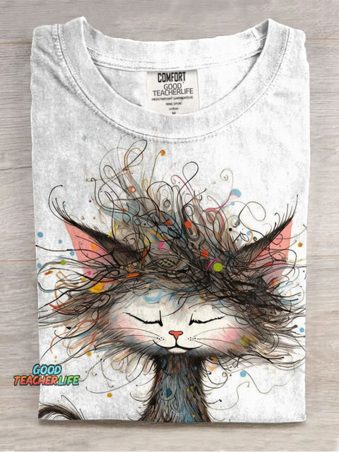 Artistic Messy Kitten Casual Printed T-Shirt